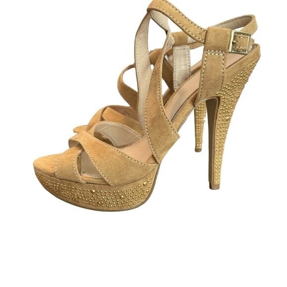Scene Zarita Sandals Size 7 Tan Soft Suede Studded High Heel​ - Picture 2 of 13